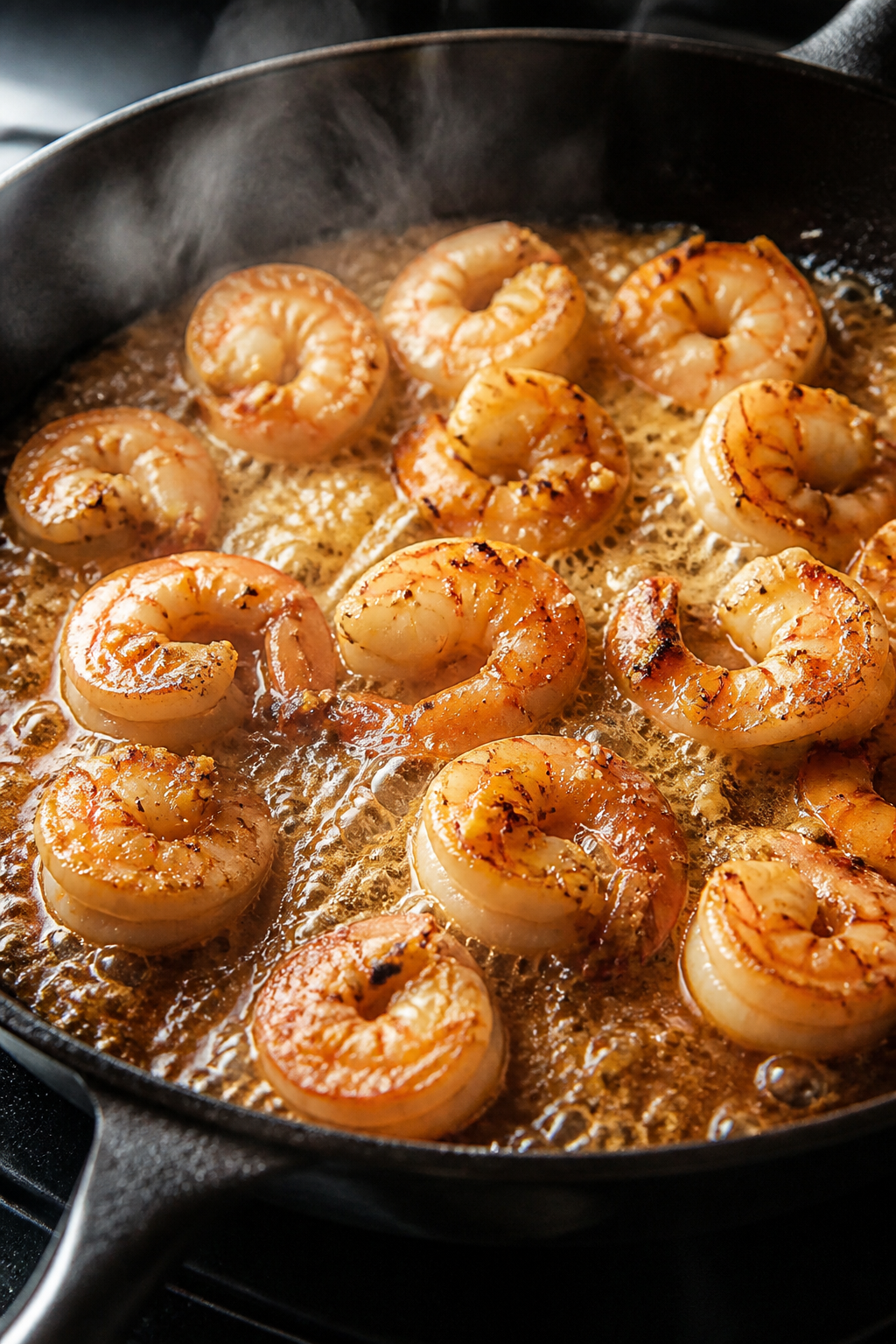Cooking process close-up: Searing honey garlic shrimp in a hot skillet, shrimp curled and pink with