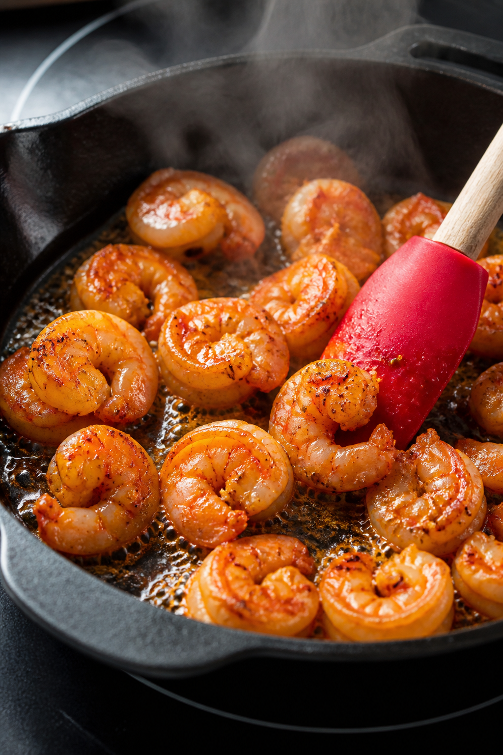 Cooking process close-up: Searing seasoned shrimp in a hot cast-iron skillet, shrimp just turning op