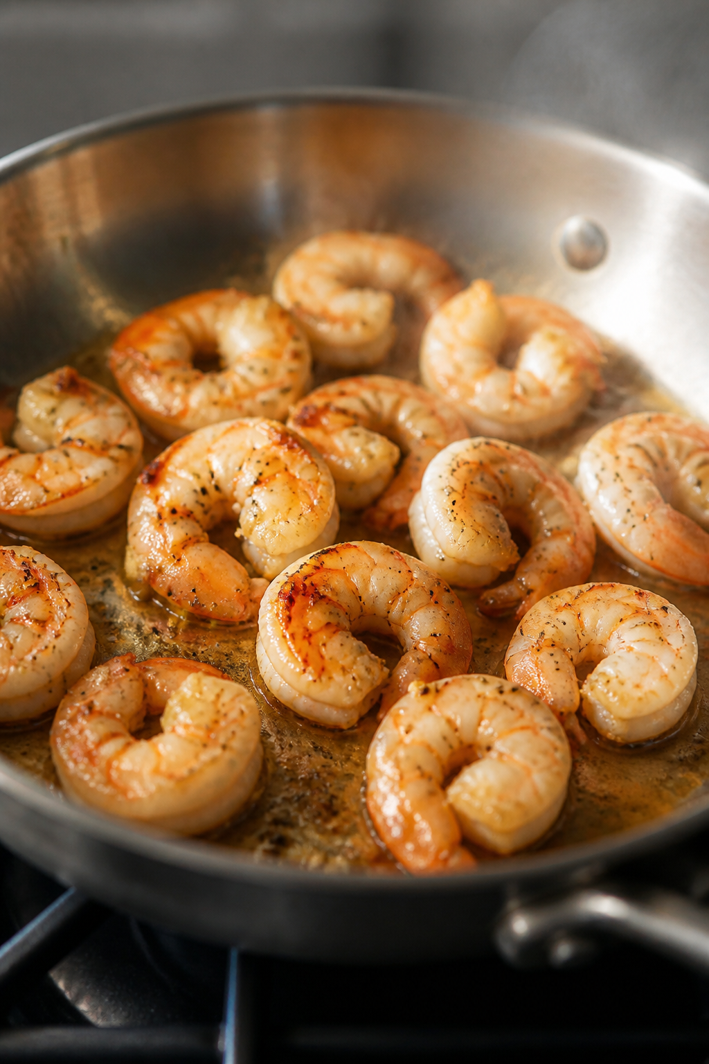 Cooking process close-up: Searing shrimp in a stainless skillet over medium-high heat, shrimp turnin