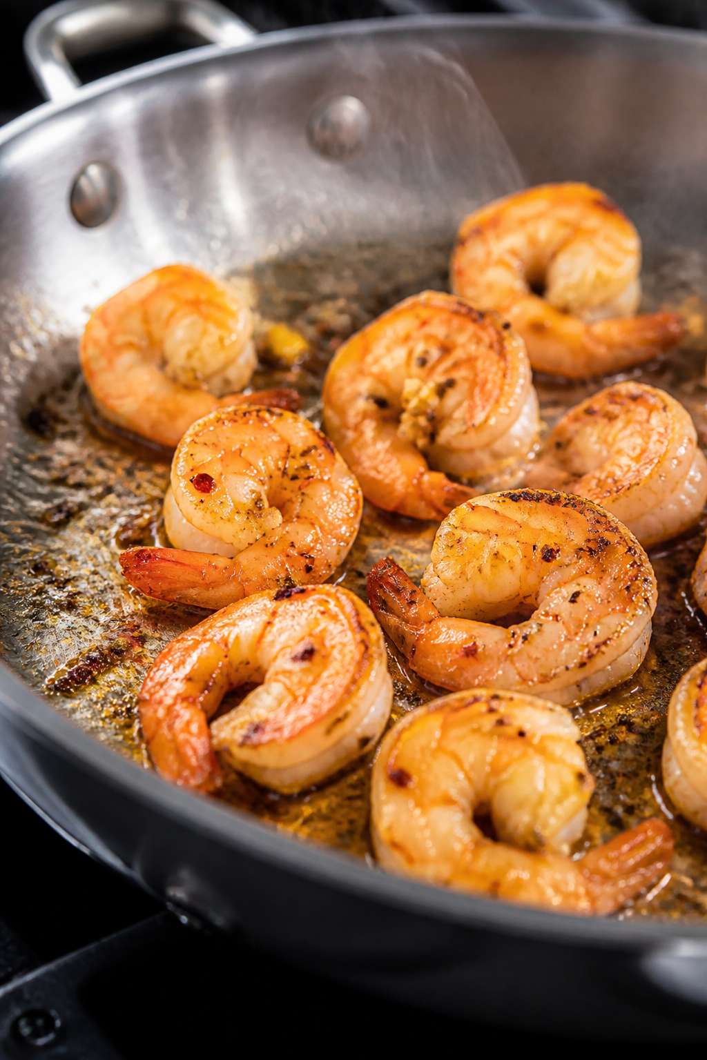 Cooking process close-up: Searing shrimp in a stainless skillet just until pink and lightly curled, 
