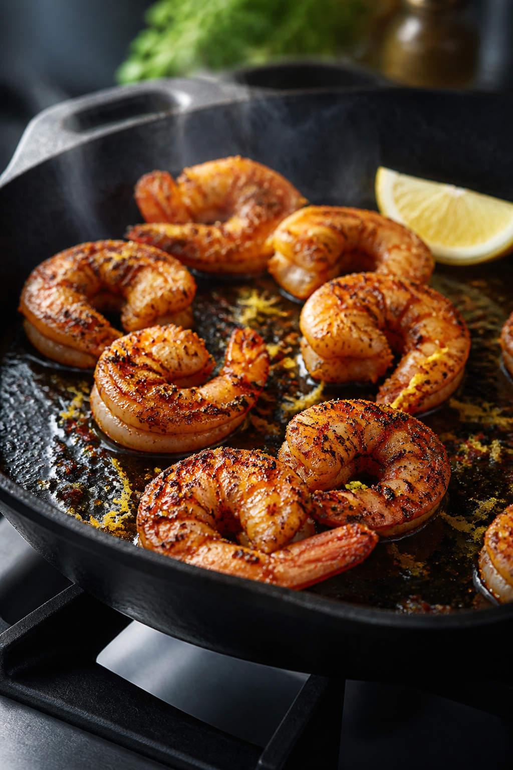 Cooking process close-up: Searing spiced shrimp in a hot skillet, shrimp coated in smoked paprika, c