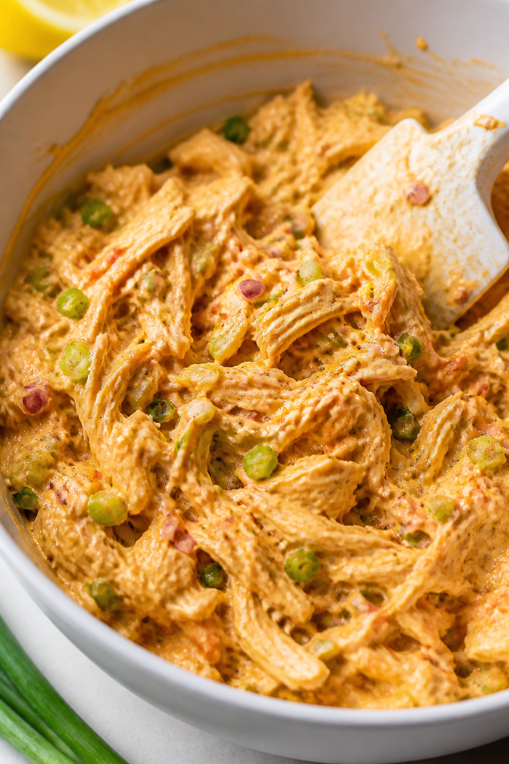 Cooking process close-up: Shredded rotisserie chicken being folded into a creamy Buffalo dressing in