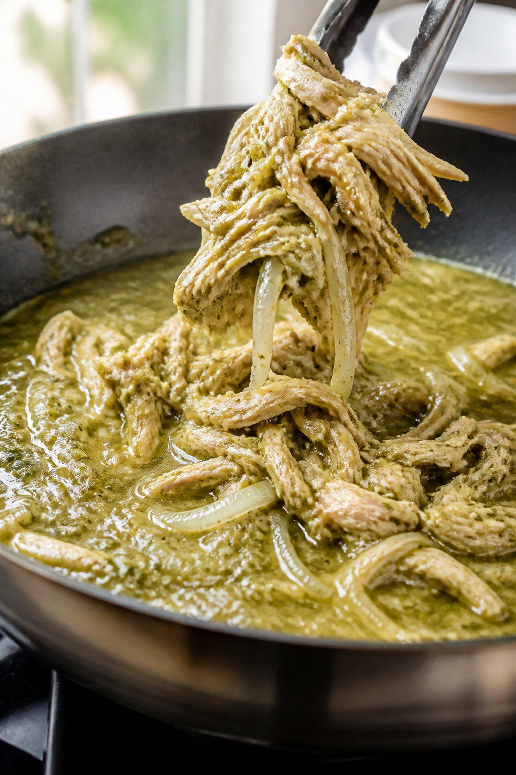 Cooking process close-up: Shredded salsa verde chicken being tossed back into a skillet of gently si