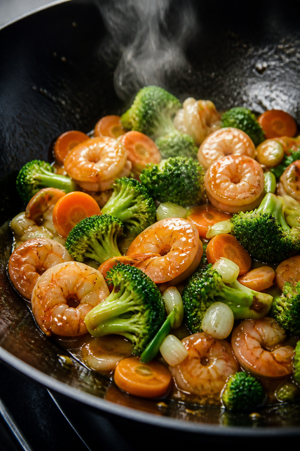 Cooking process close-up: Shrimp searing in a hot wok with a glossy garlic-ginger sauce just beginni