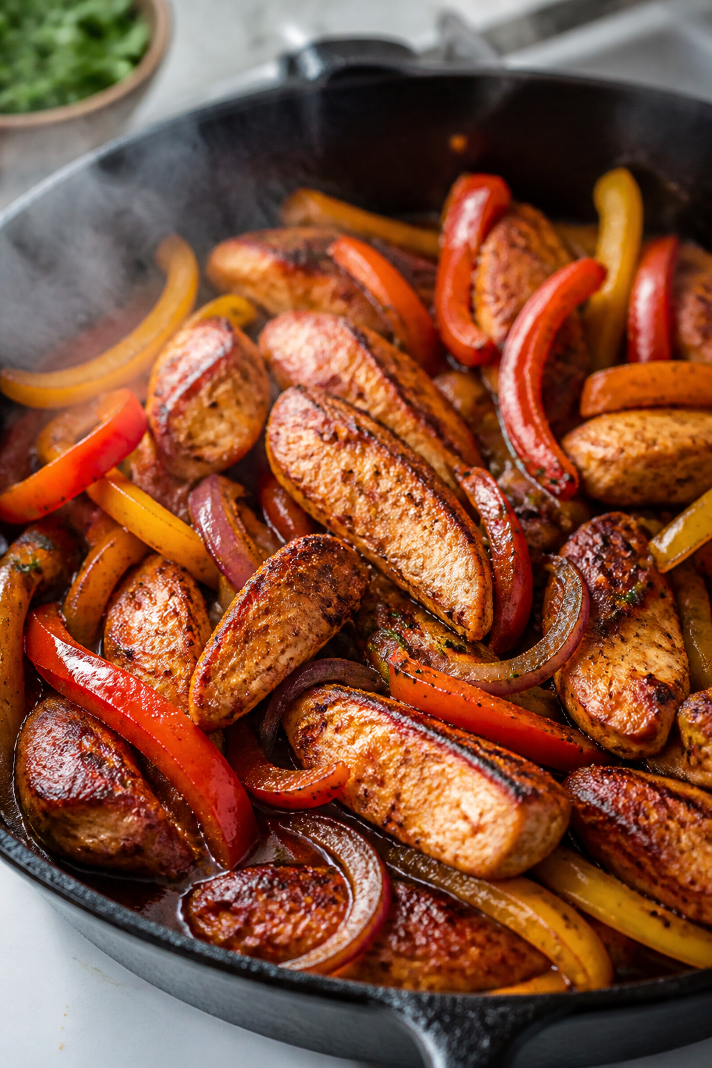 Cooking process close-up: Sizzling chicken fajita strips searing in a hot cast-iron skillet with lig