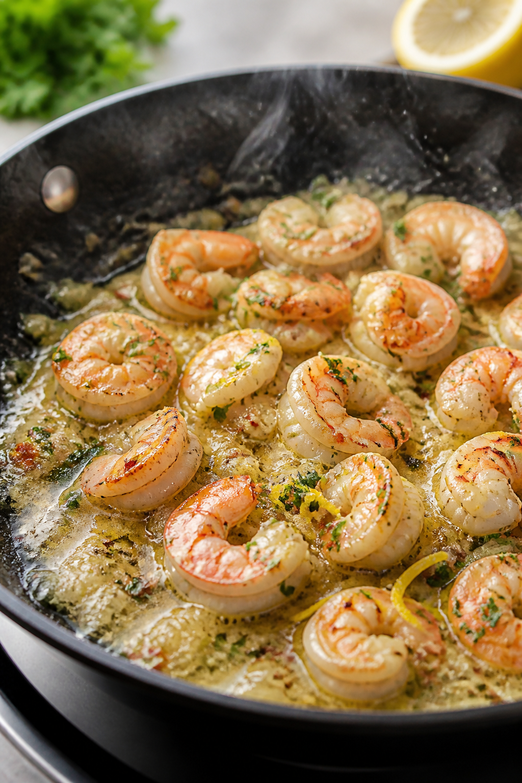 Cooking process close-up: Sizzling lemon-garlic shrimp in a black skillet mid-sauté, shrimp just op