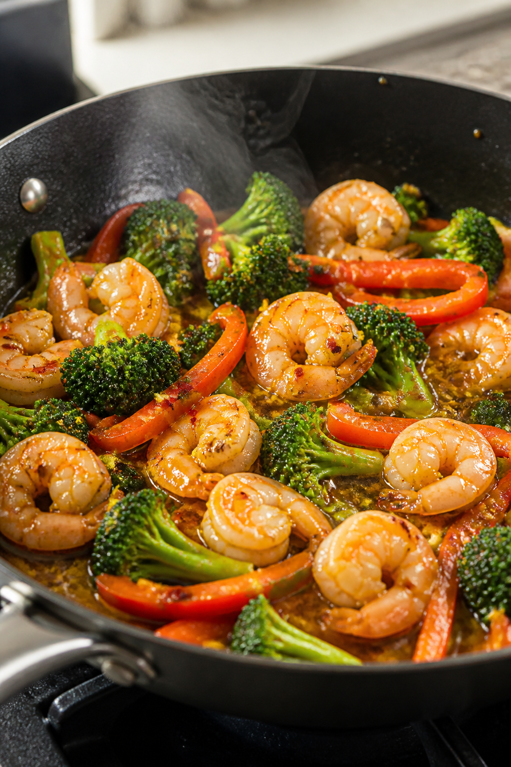 Cooking process, close-up: Sizzling shrimp and broccoli stir-fry in a large skillet over medium-high