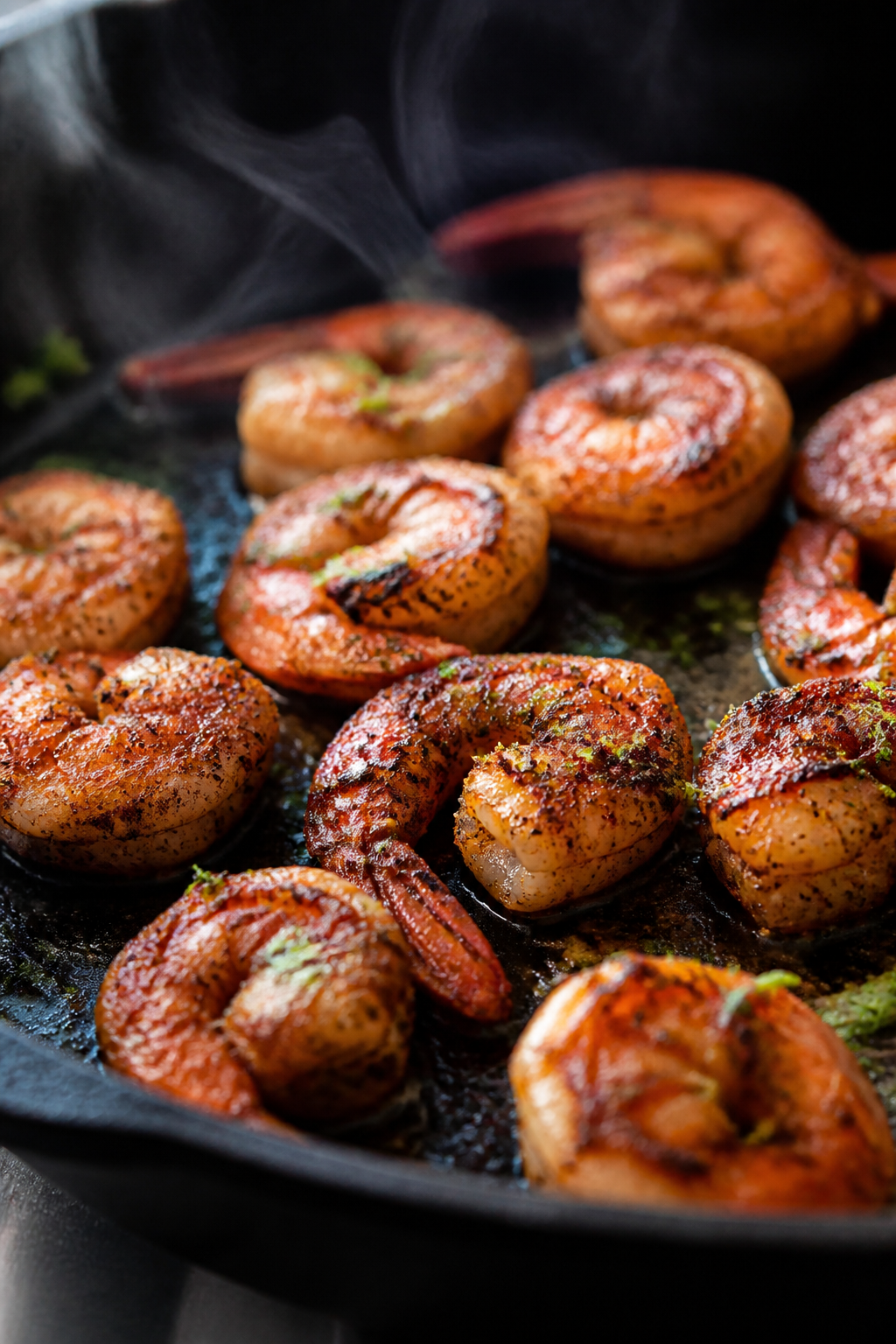 Cooking process, close-up: Sizzling spice-rubbed shrimp in a hot skillet, mid-flip with a few pieces