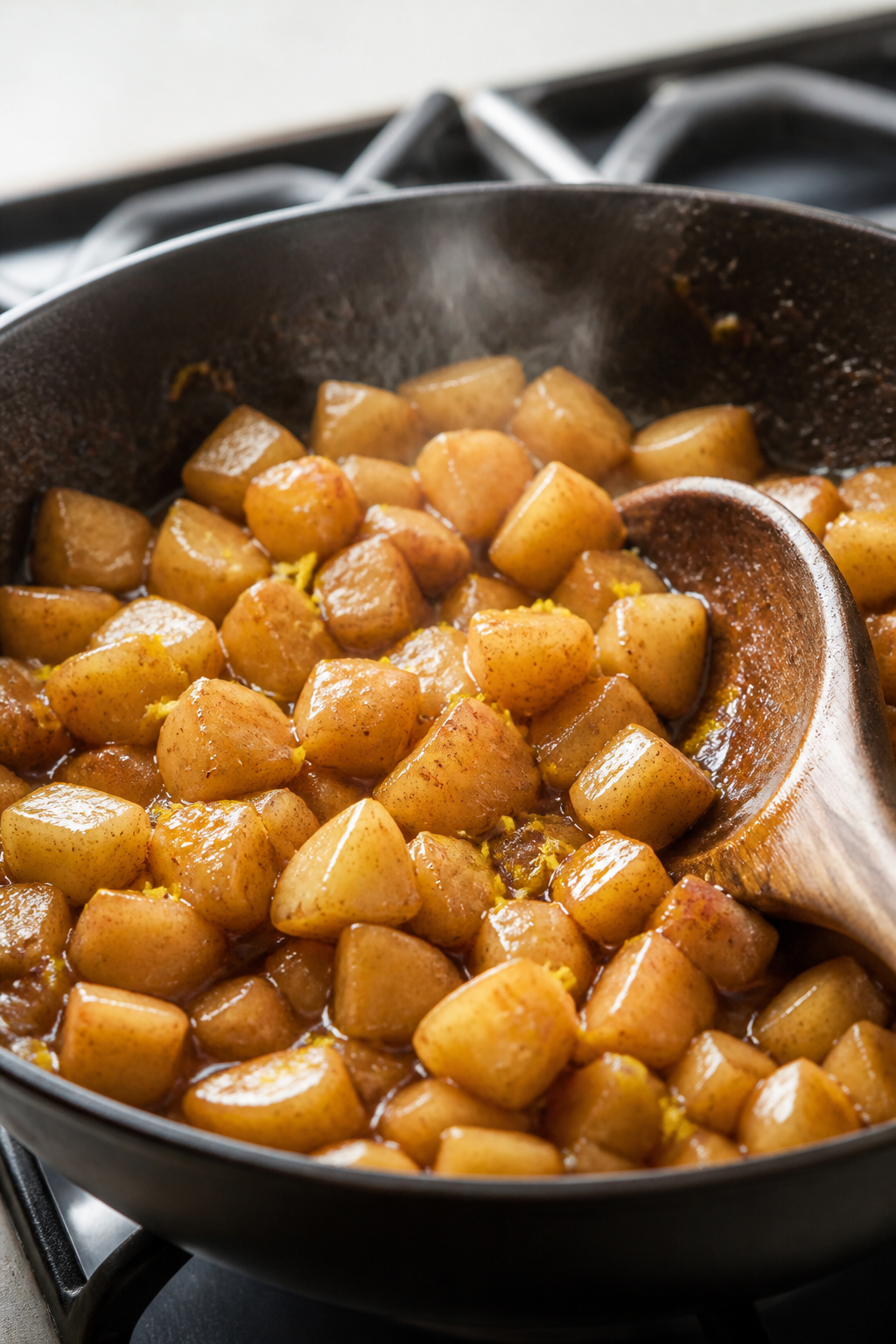 Cooking process close-up: Skillet of diced, cooked apples just off the heat, glossy and tender with