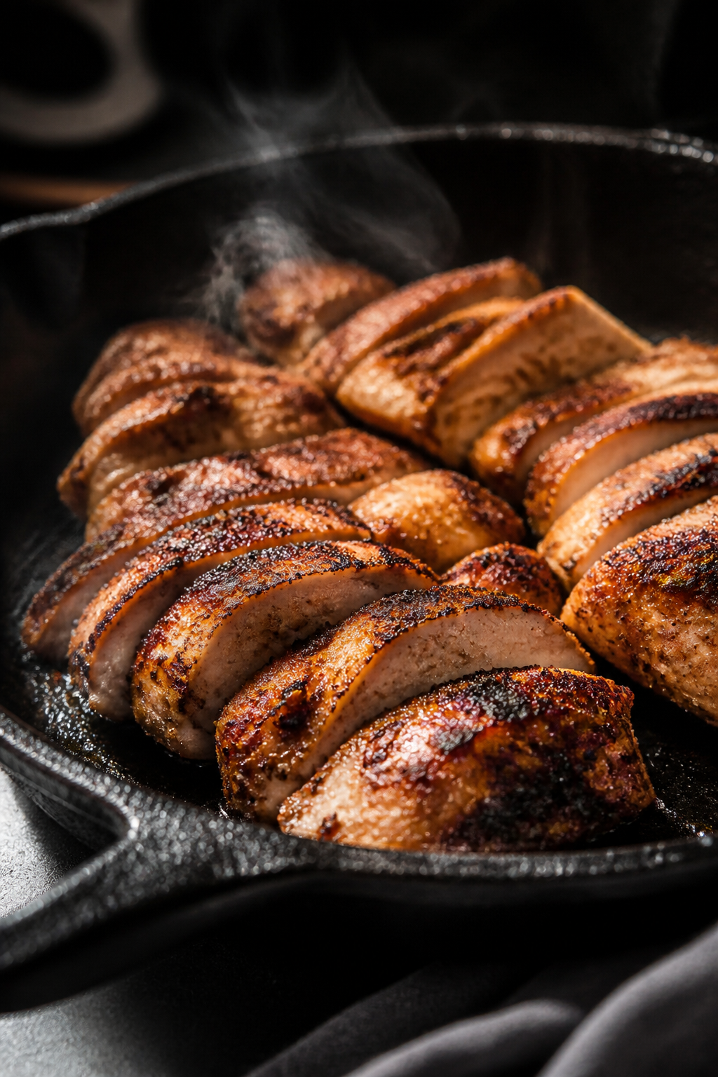 Cooking process close-up: Sliced chipotle-marinated chicken sizzling in a cast-iron skillet over med