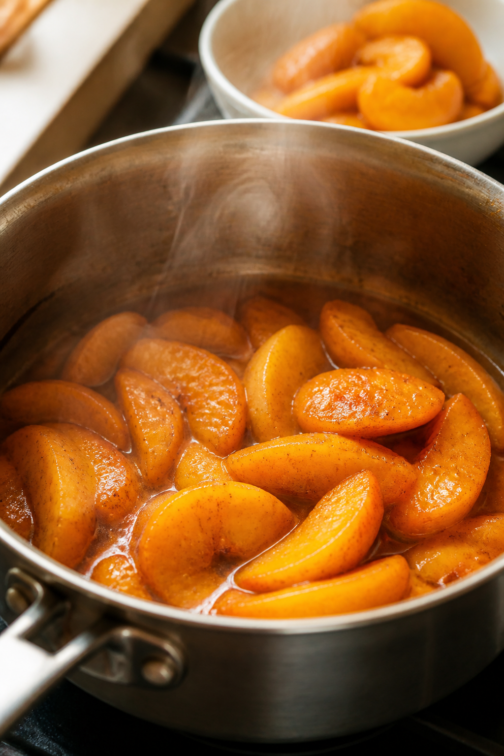 Cooking process close-up: Sliced peaches simmering in maple-cinnamon juices in a small saucepan, ten