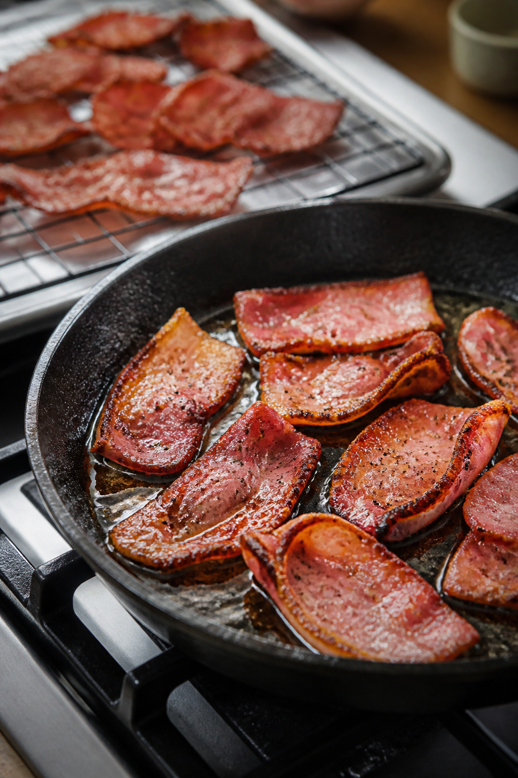 Cooking process close-up: Sliced turkey bacon crisping in a cast-iron skillet until mahogany-edged a