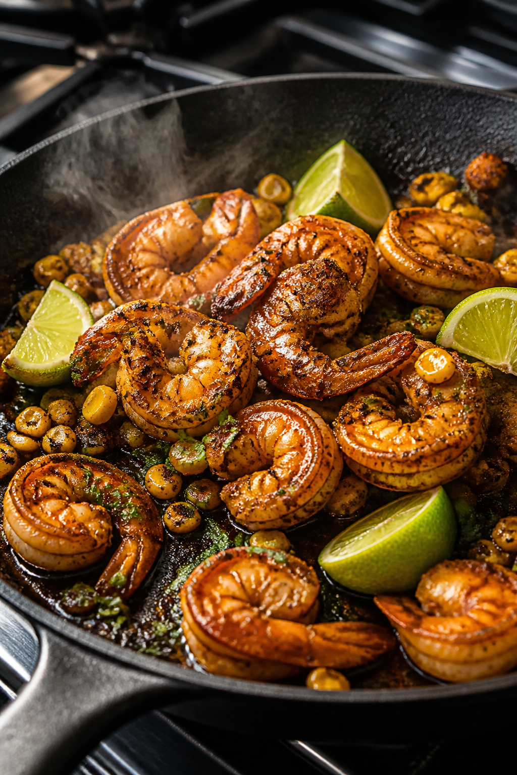 Cooking process close-up: Spicy shrimp sizzling in a hot cast-iron skillet, lightly charred edges an