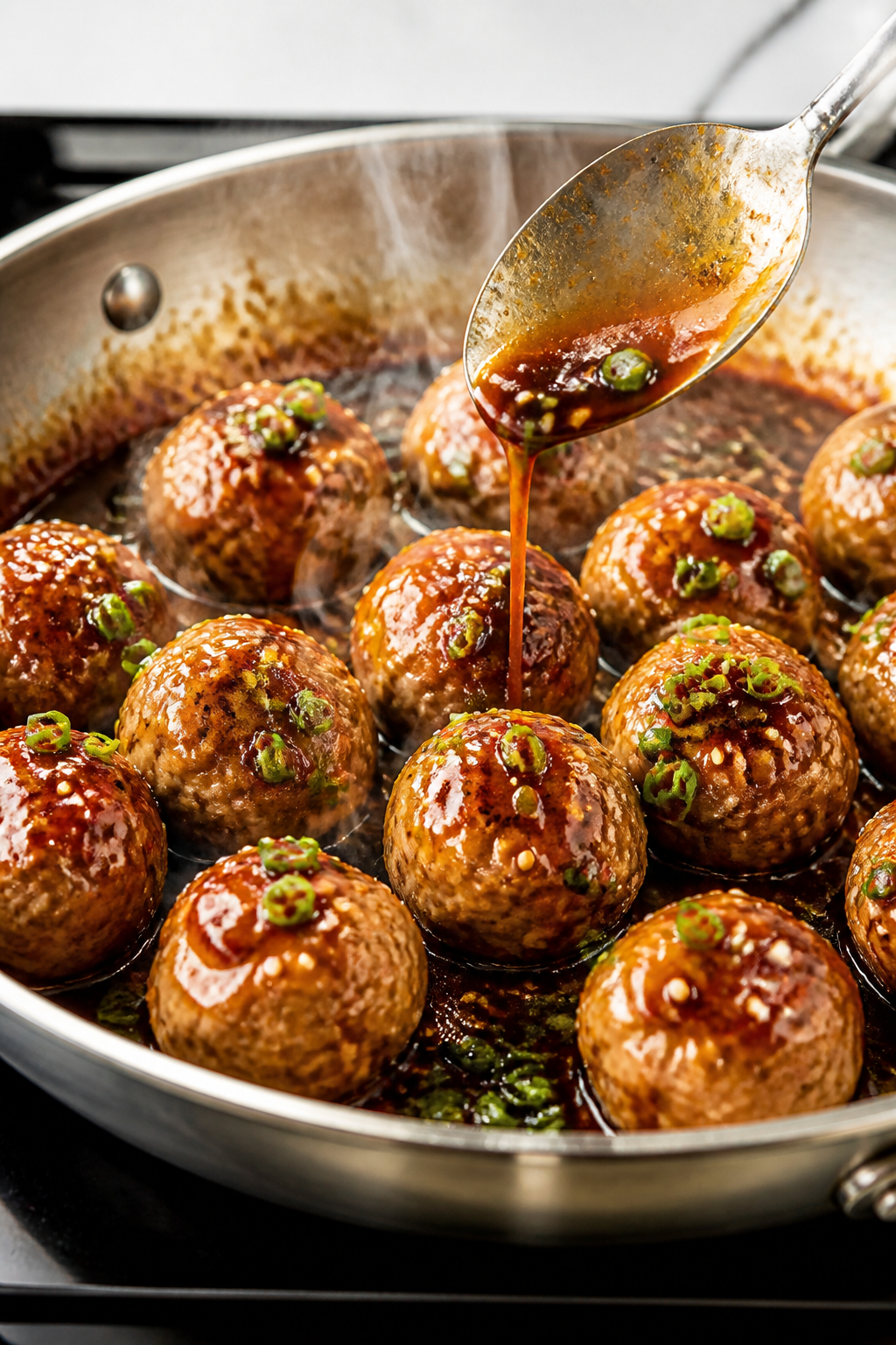 Cooking process close-up: Teriyaki meatballs just out of the oven being glazed in a shallow stainles