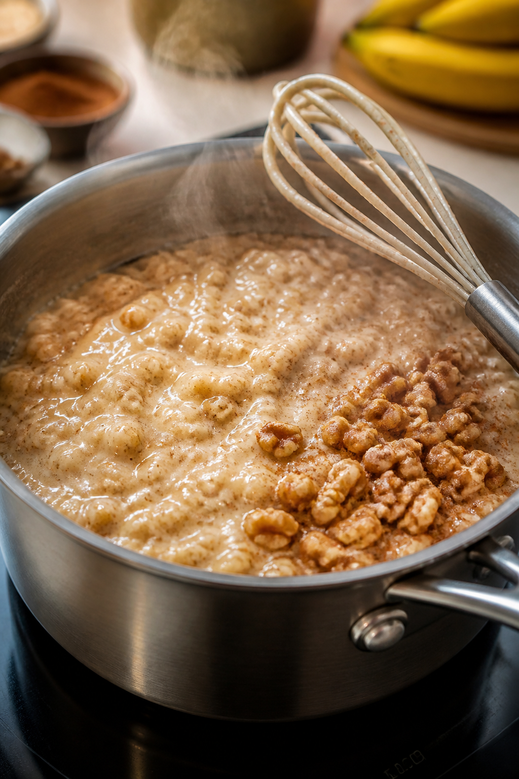 Cooking process close-up: Thick, creamy banana-cinnamon oatmeal simmering in a small saucepan, steam