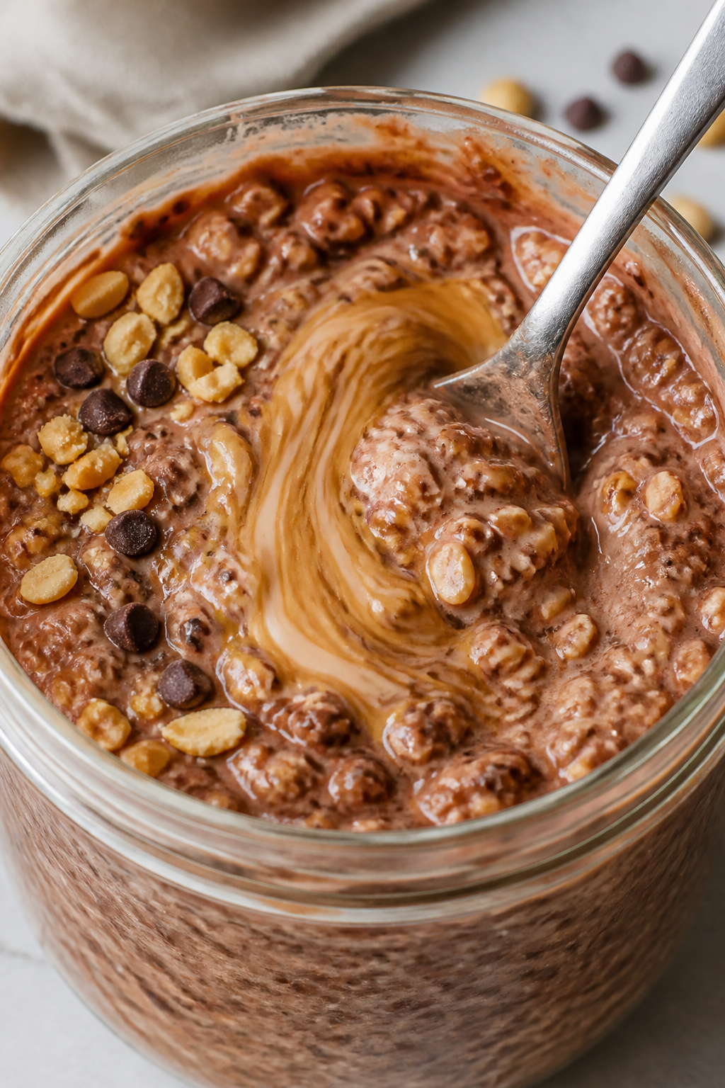 Cooking process close-up: Thick peanut-butter-chocolate overnight oats mixture being stirred in a cl