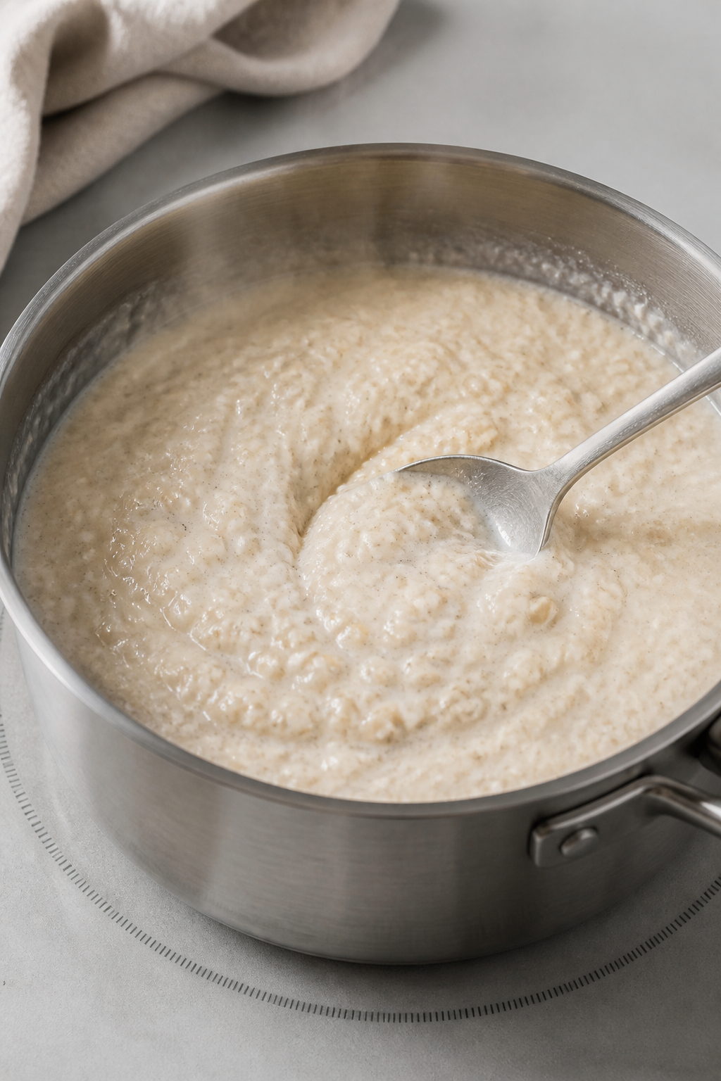 Cooking process – Creamy oats on the stovetop: Medium-close shot of a small saucepan of rolled oat