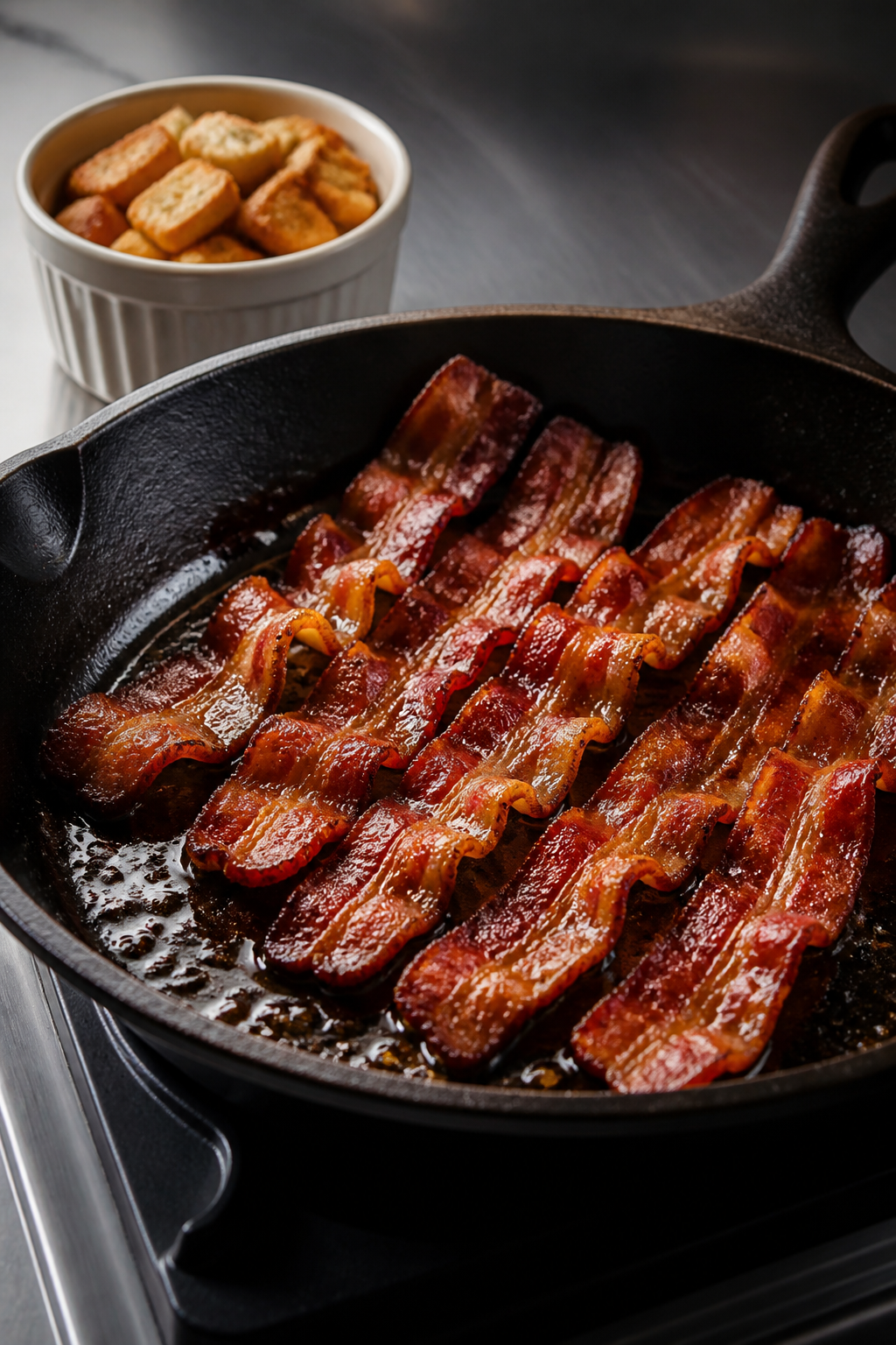 Cooking process: Crispy bacon being finished in a black skillet, golden-brown and wavy with glisteni