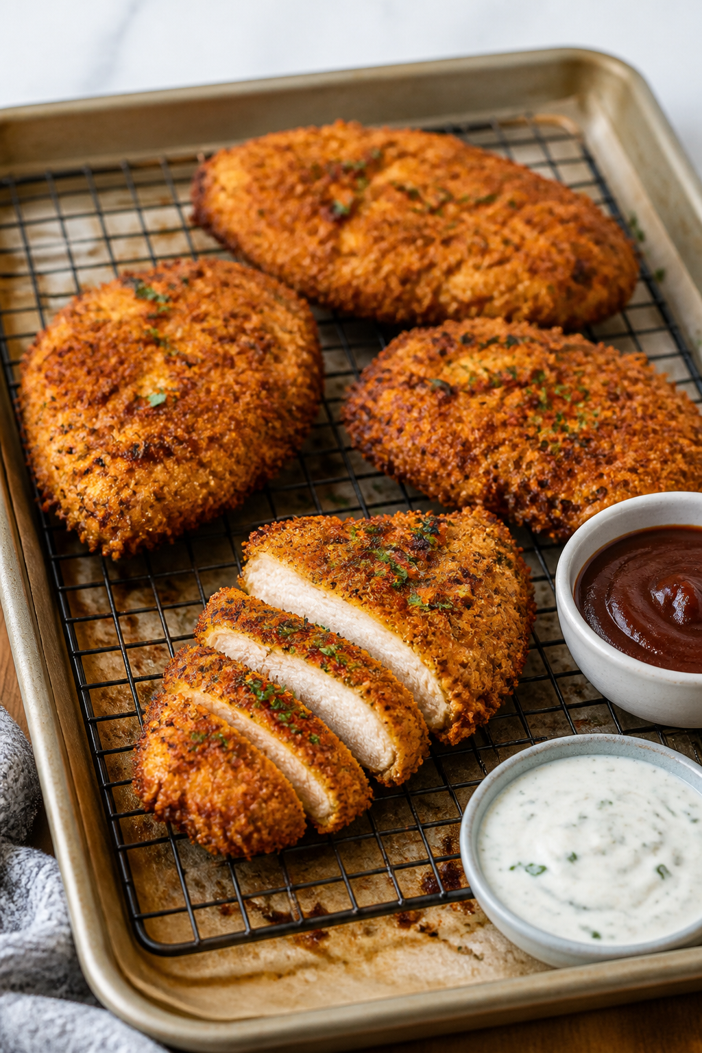 Cooking process — crispy BBQ ranch chicken: Golden, breaded chicken cutlets sizzling on a wire rac