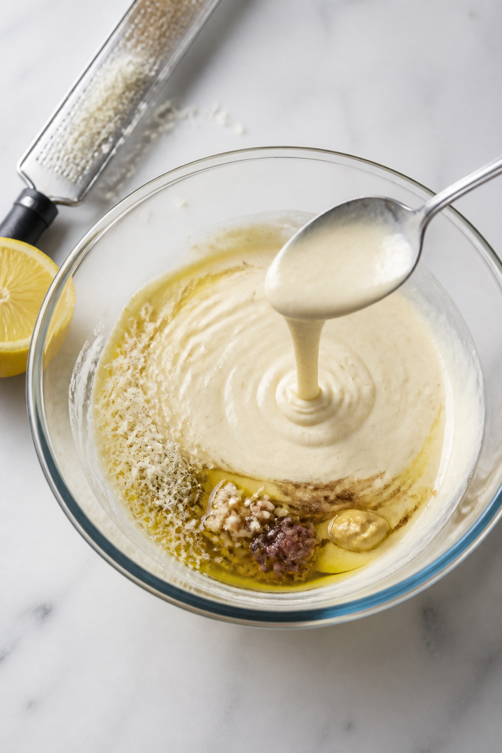 Cooking process: Dressing being whisked to silky, pourable consistency in a glass bowl—Greek yogur