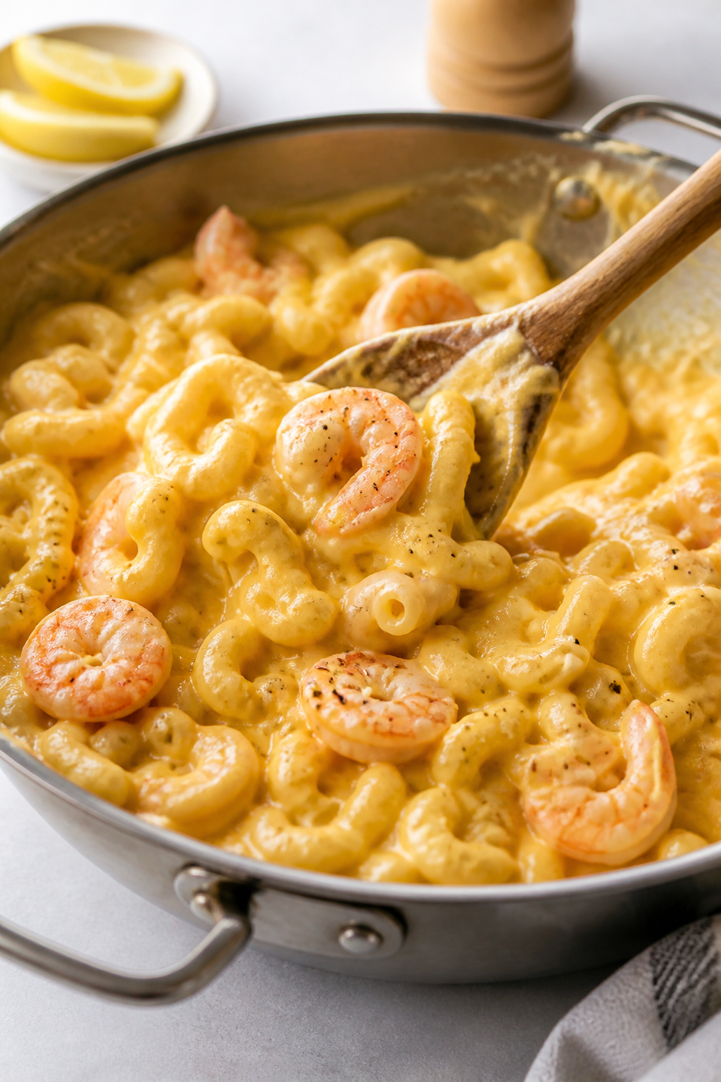Cooking process: Elbow macaroni being folded into the silky cheese sauce in a large sauté pan, ribb