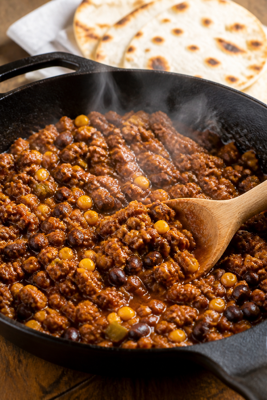 Cooking process: Ground beef taco filling simmering in a cast-iron skillet, cooked beef crumbles coa