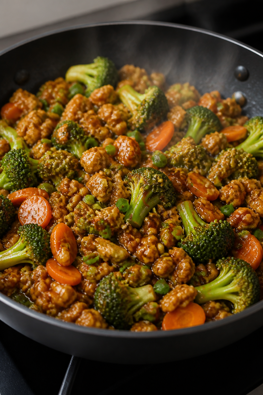 Cooking process: Ground turkey teriyaki sizzling in a large skillet, close-up of juicy browned crumb