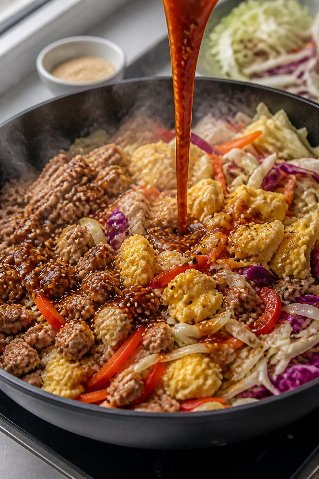 Cooking process — High Protein Egg Roll Salad Bowl sizzling in a wide black skillet: lean ground t