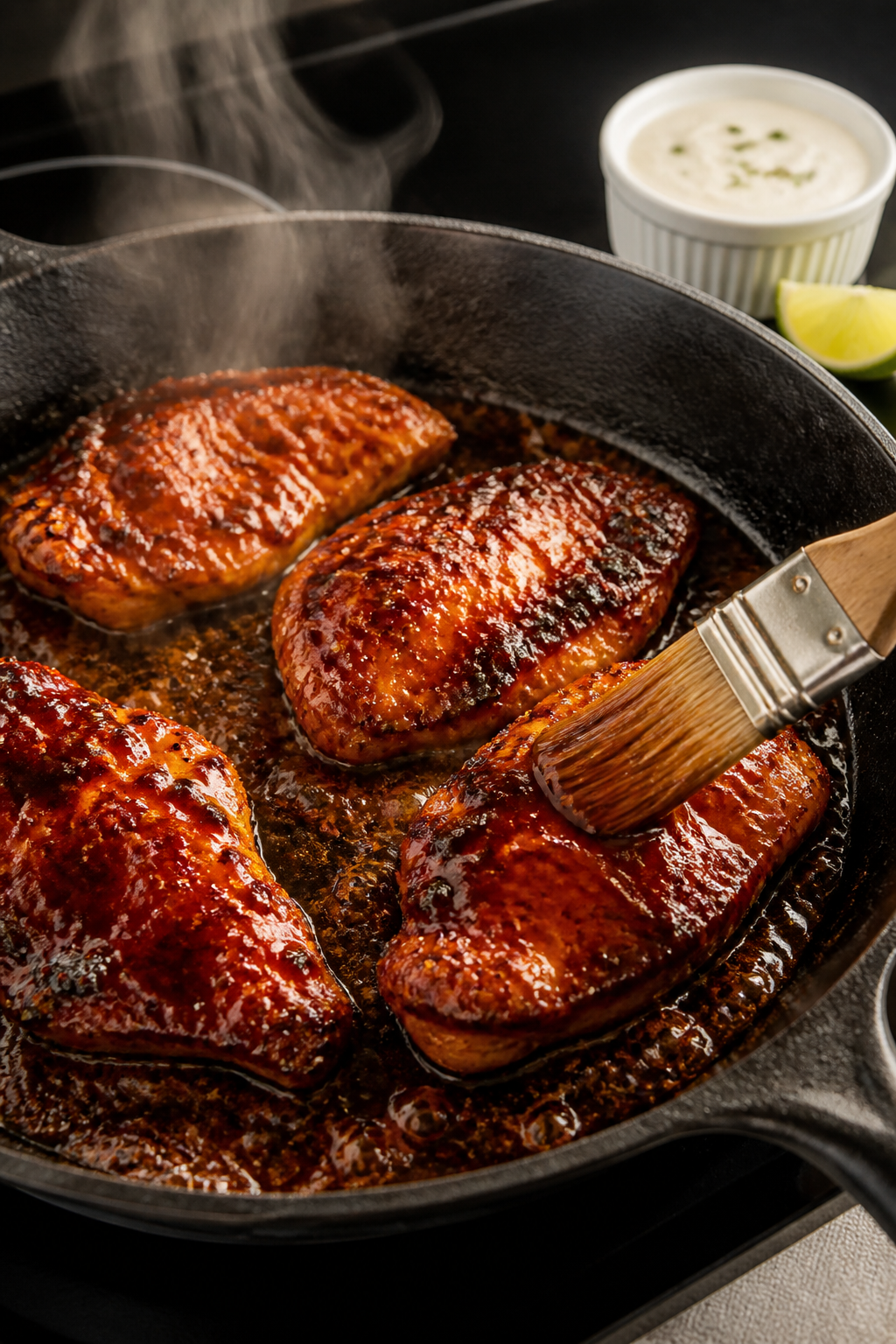 Cooking process: Honey BBQ chicken being brushed with glaze in a cast-iron skillet during the final 