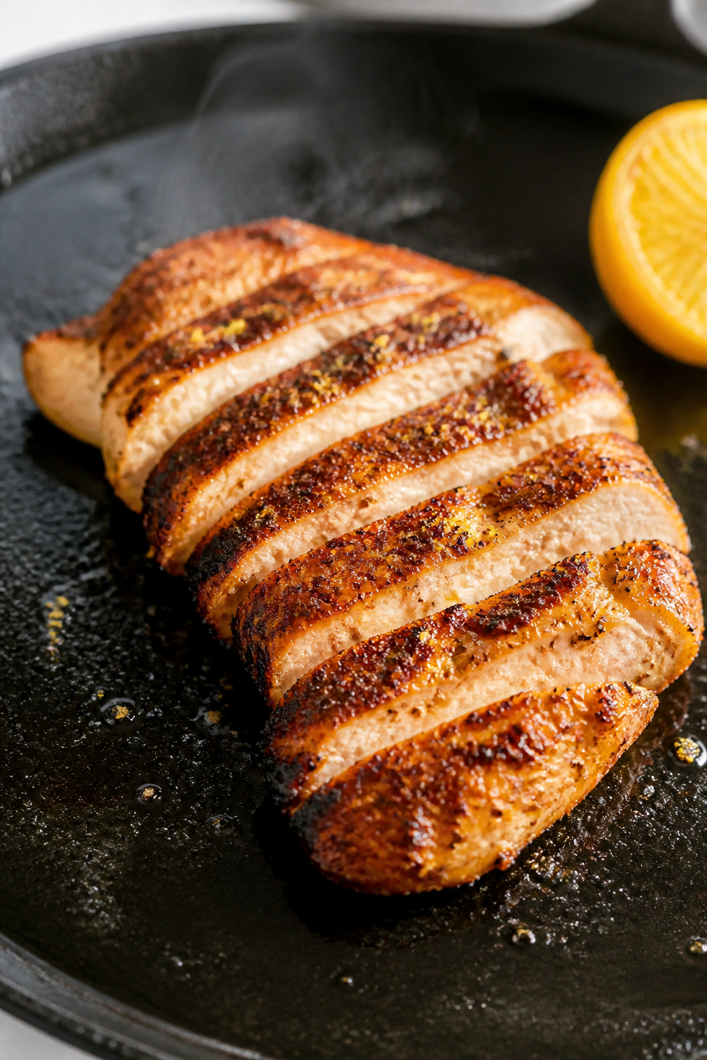Cooking process, juicy sear: Sliced, just-rested grilled chicken breast on a preheated cast-iron ski