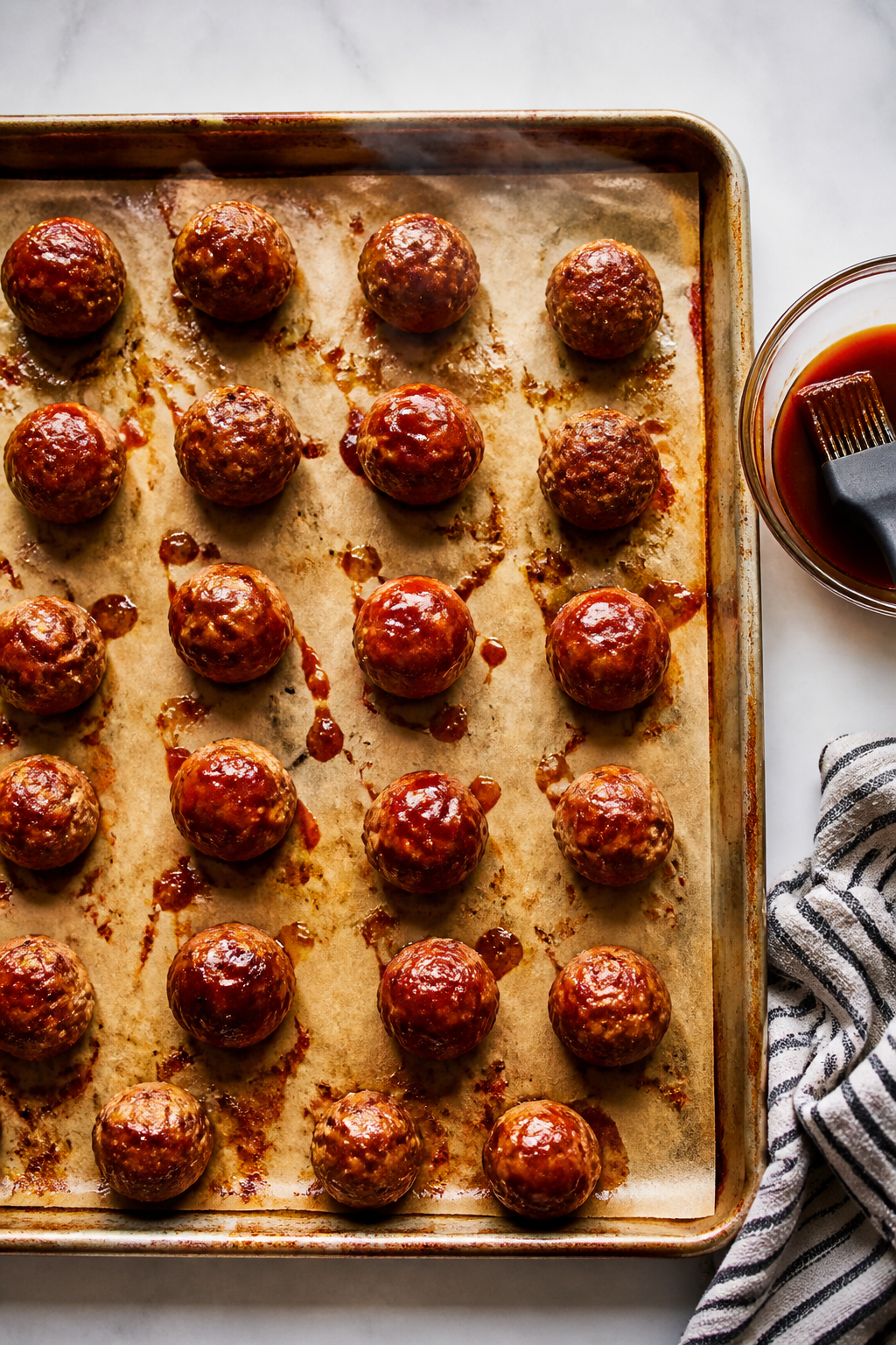 Cooking process: Meatballs arranged on a parchment-lined sheet pan at the halfway point—just baked