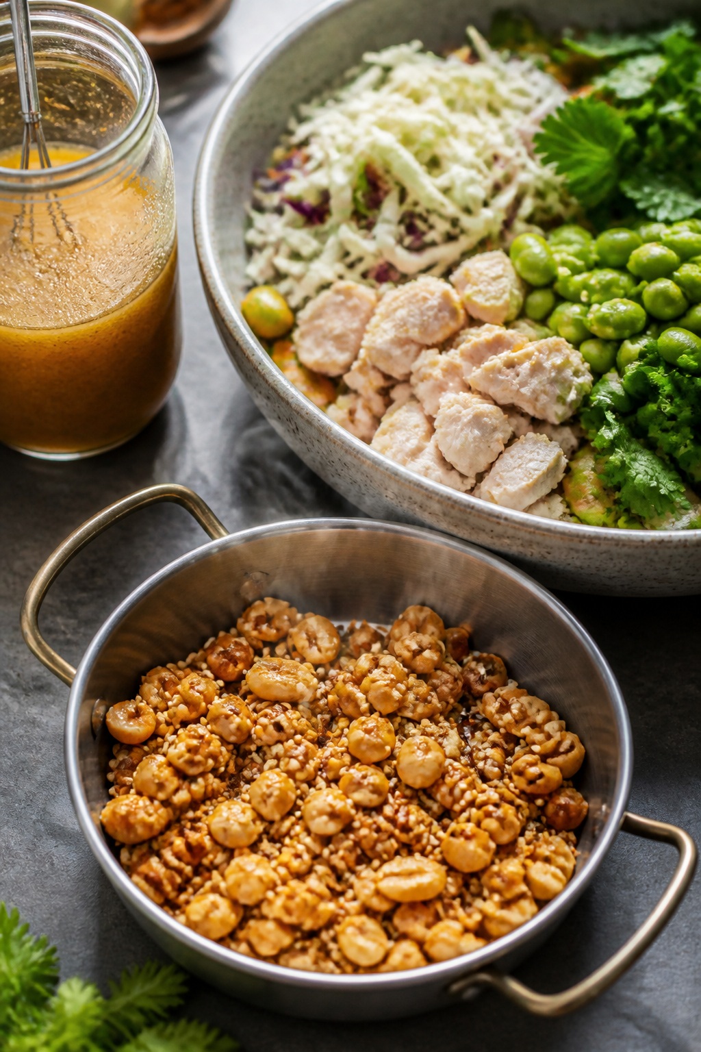 Cooking process: Nuts and seeds toasting step captured mid-action—golden roasted peanuts/cashews a