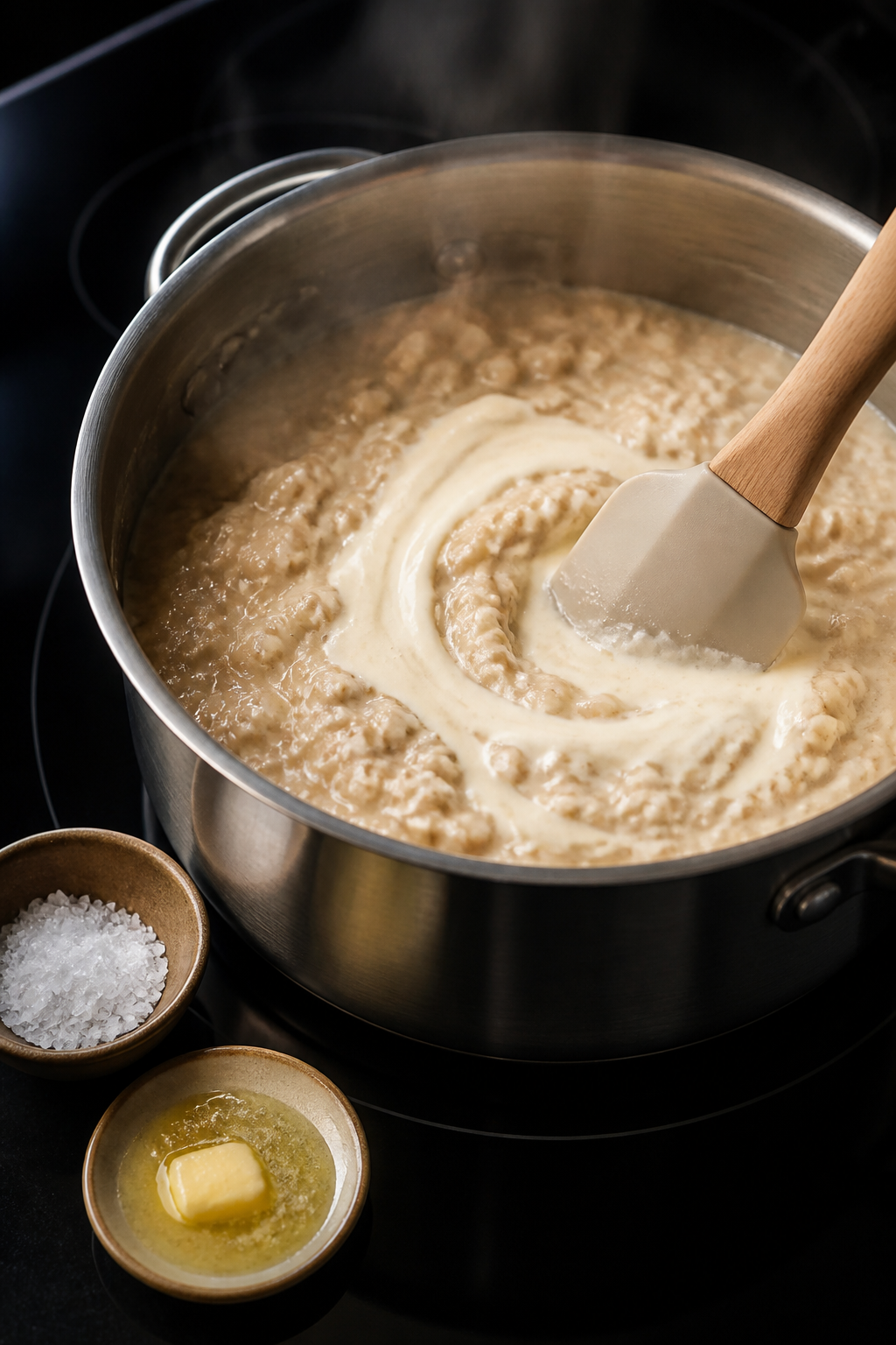 Cooking process: Oatmeal on the stovetop in a small saucepan at the end of cooking, shot at a 45-deg