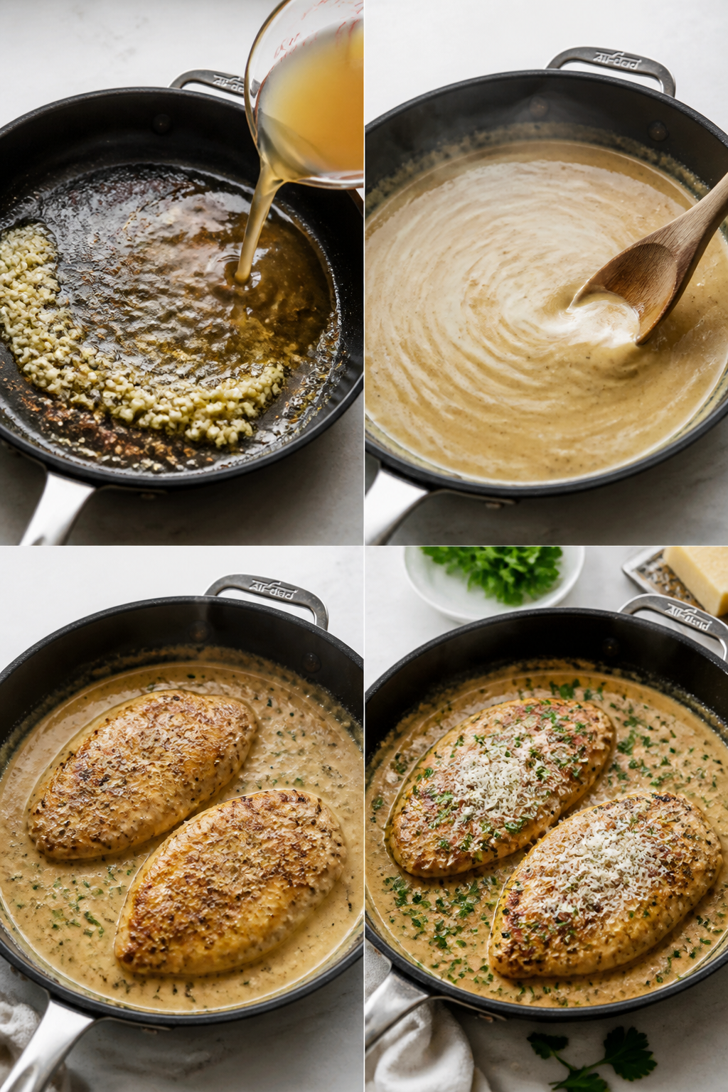 Cooking process: One-pan garlic butter deglaze moment—skillet with sautéed minced garlic sizzling