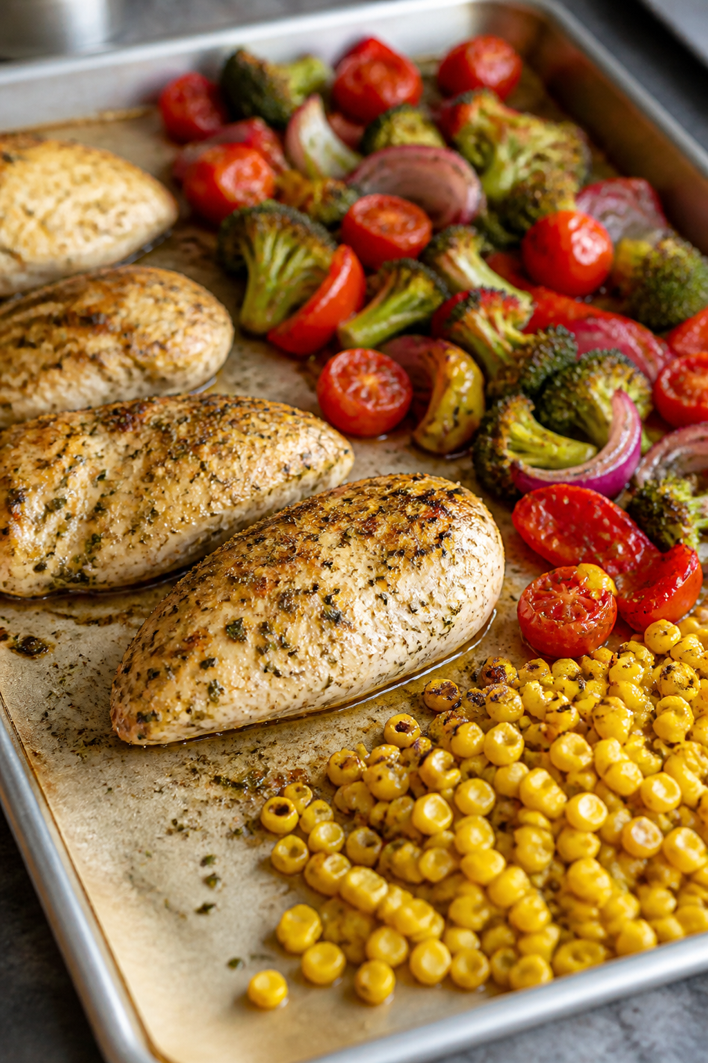 Cooking process, oven-roasted: Ranch-seasoned chicken breasts and a medley of roasted veggies just o