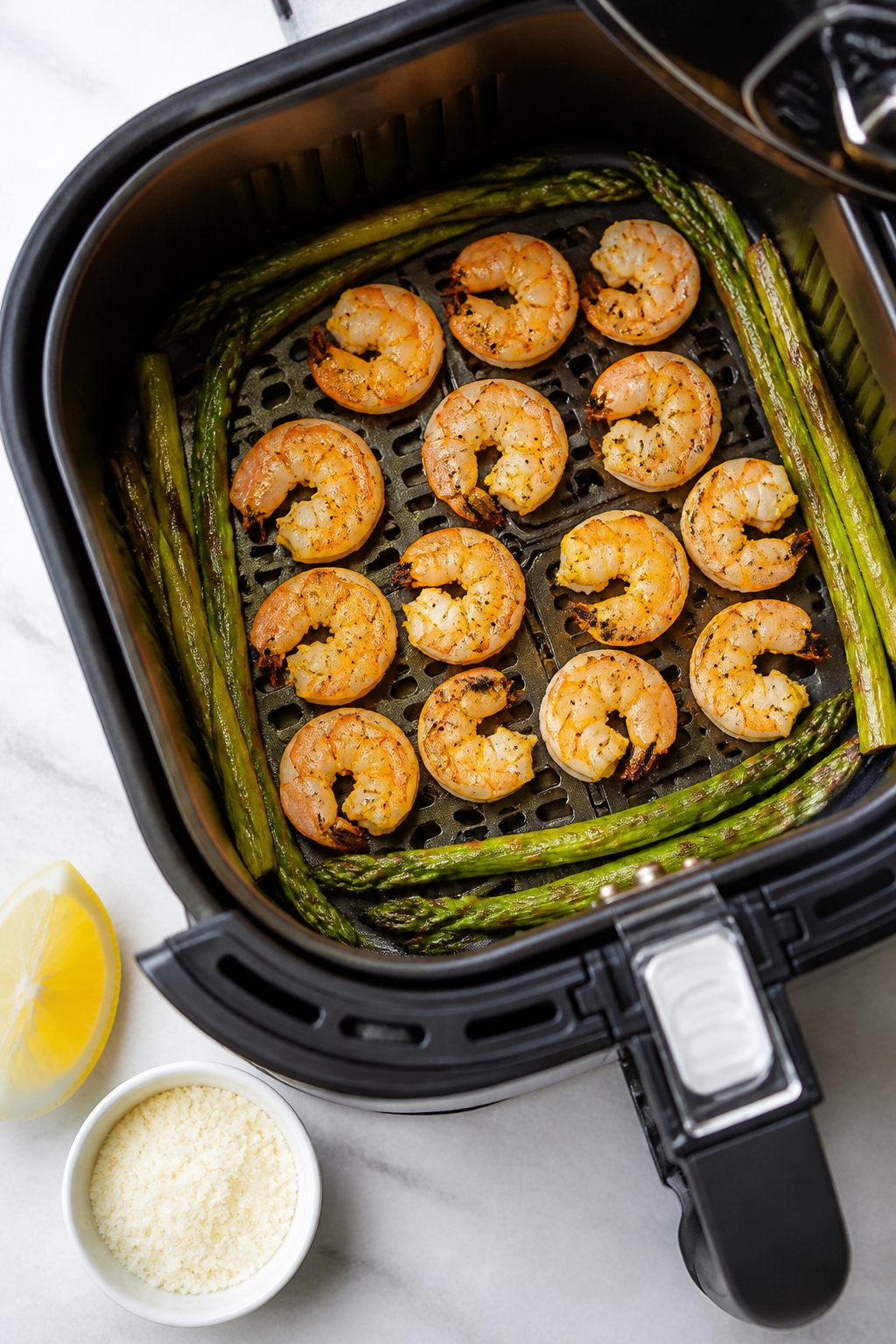 Cooking process: Overhead shot of a preheated air fryer basket at 390°F with shrimp arranged in a s