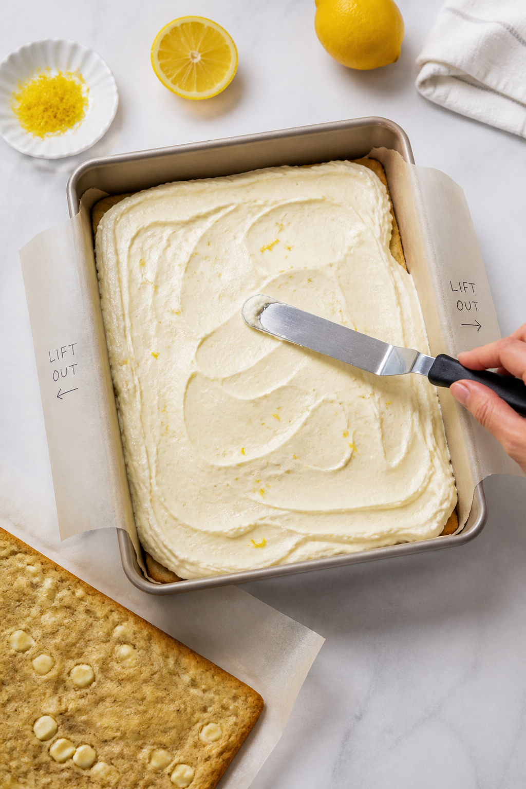 Cooking process: Overhead shot of assembly in a parchment-lined 9x13 pan—first cooled cookie layer