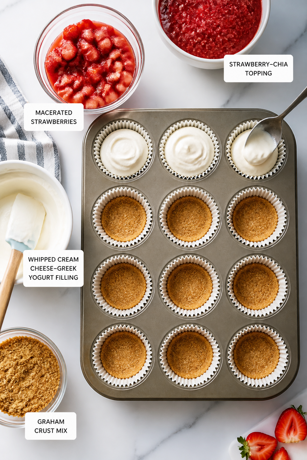 Cooking process: Overhead shot of assembly in progress—muffin tin lined with paper cups, each hold