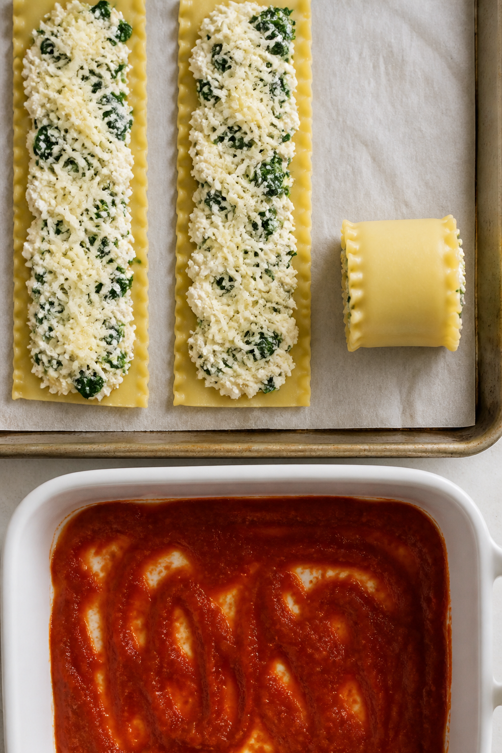 Cooking process: Overhead shot of assembly stage on a parchment-lined sheet pan—parboiled lasagna 