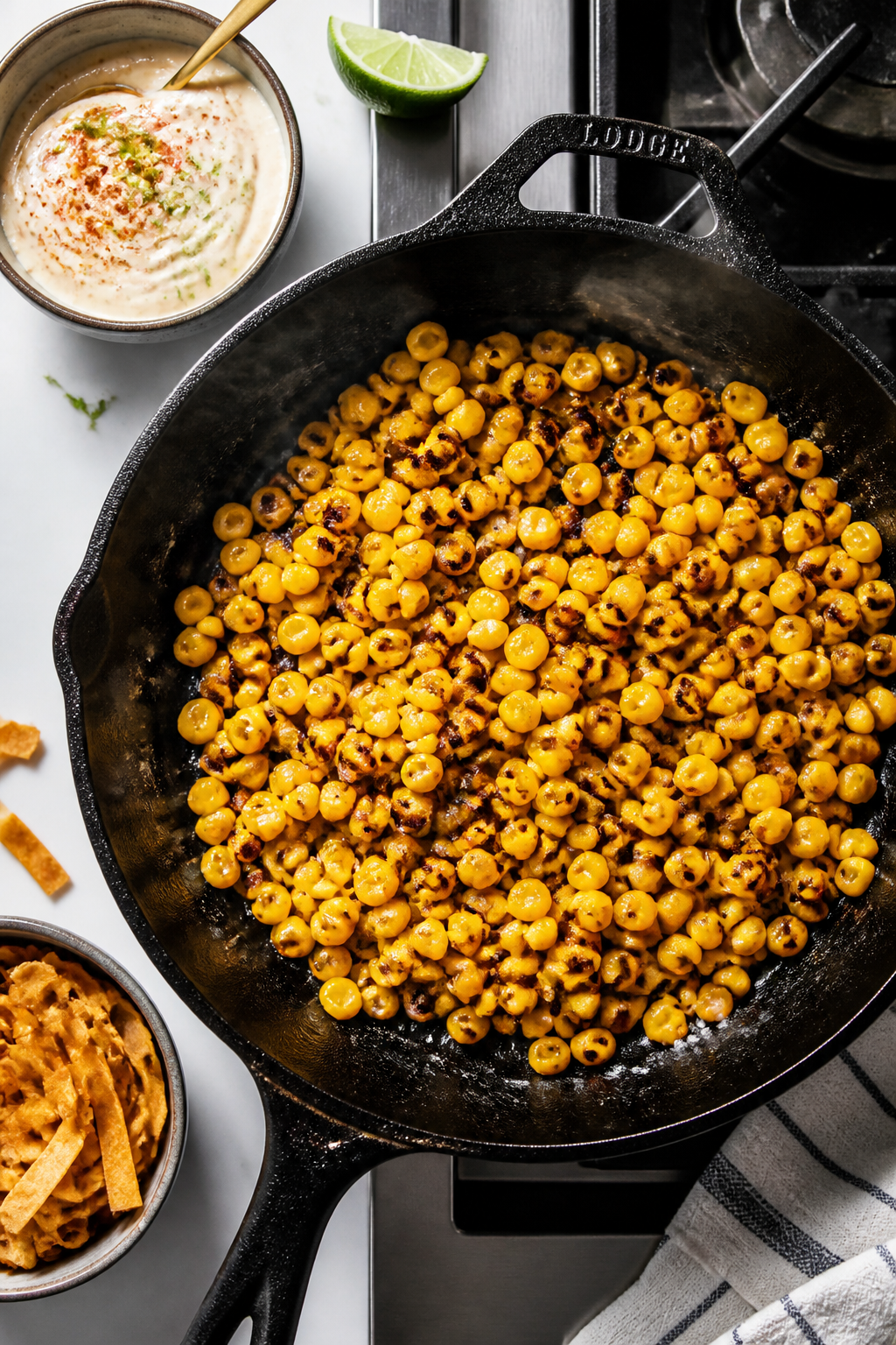 Cooking process: Overhead shot of corn being charred in a hot cast-iron skillet, golden-brown bliste