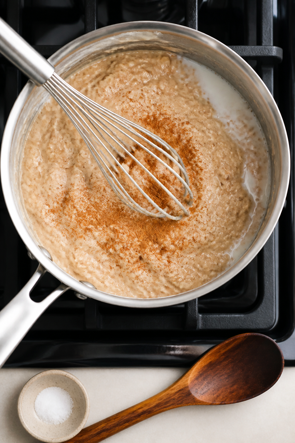 Cooking process: Overhead shot of oatmeal in a small saucepan right after protein incorporation, sho