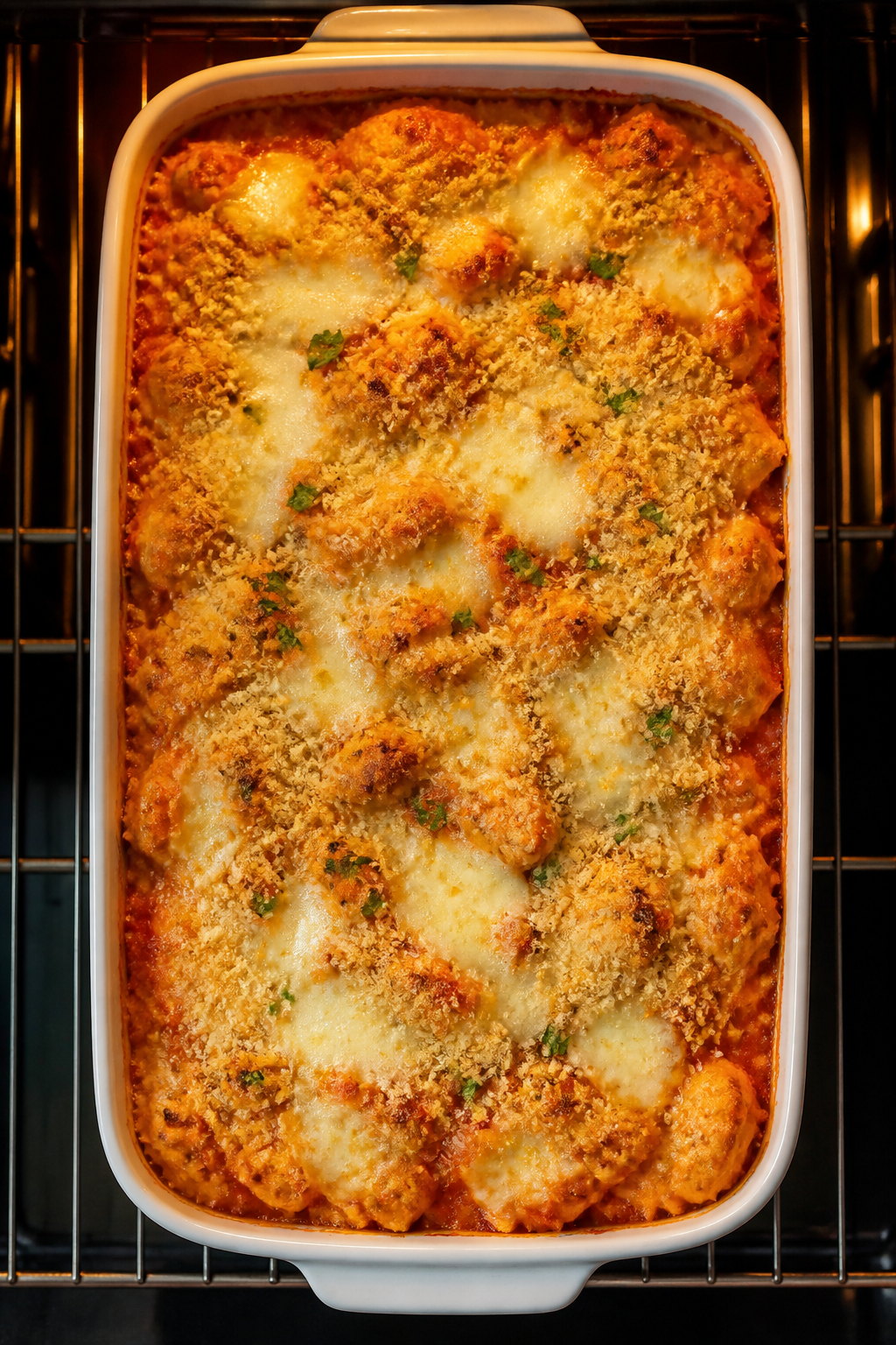 Cooking process: Overhead shot of the assembled casserole mid-bake on the middle oven rack, topping 