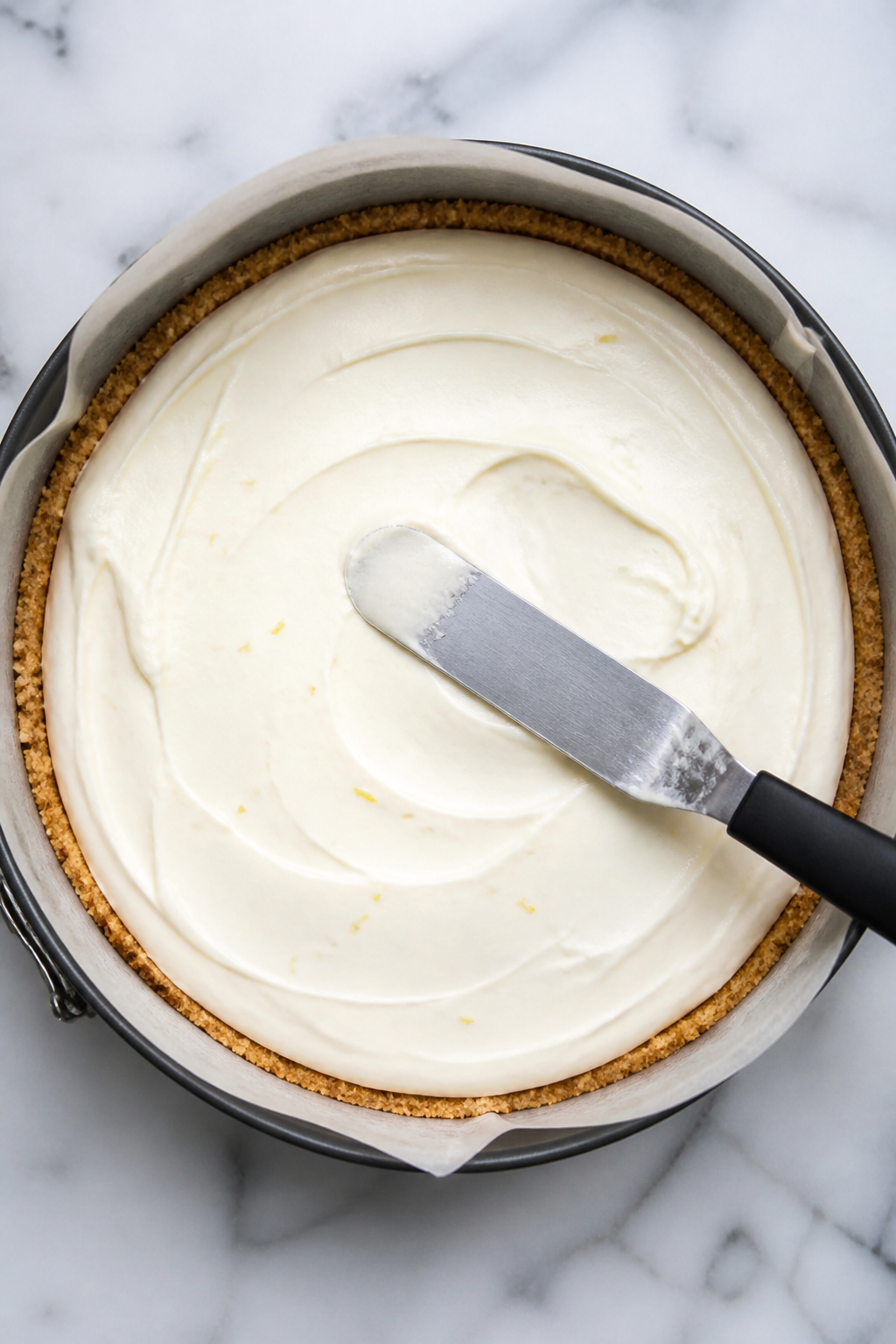 Cooking process: Overhead shot of the assembly stage in a springform pan—chilled, firmly pressed g