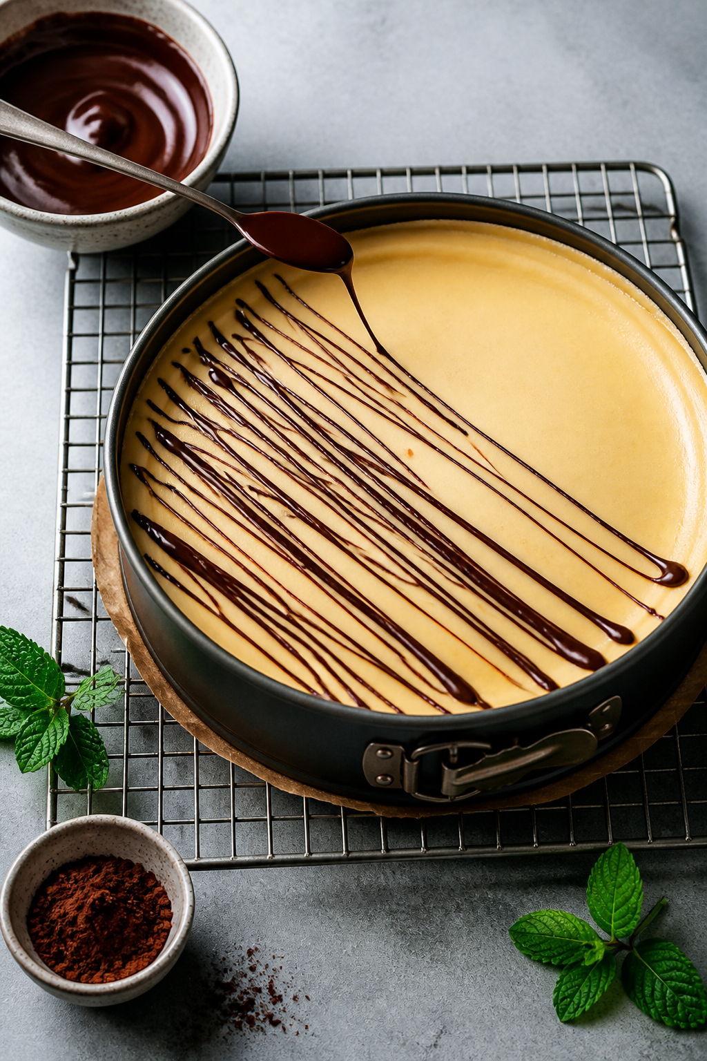 Cooking process: Overhead shot of the baked cheesecake cooling on a rack in its springform base, cen