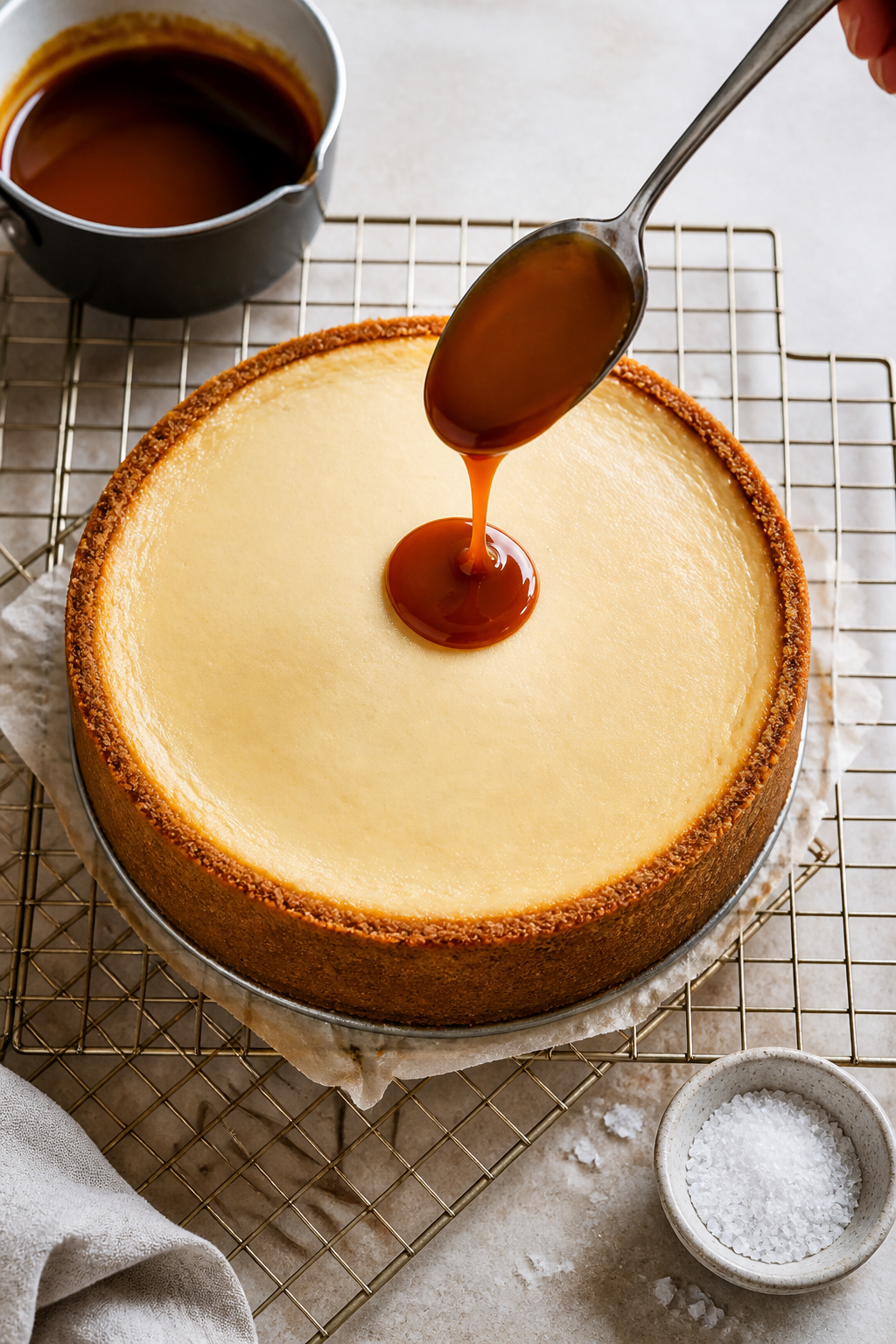 Cooking process: Overhead shot of the baked cheesecake just unmolded and cooled on a wire rack, with