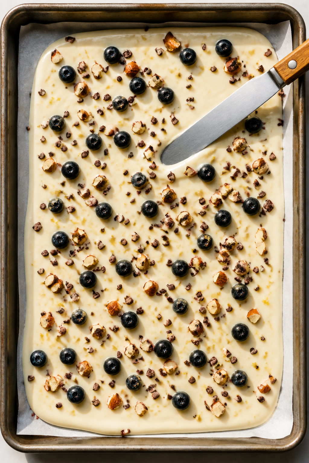 Cooking process: Overhead shot of the blended cheesecake-protein base being spread to a thin 1/4-inc
