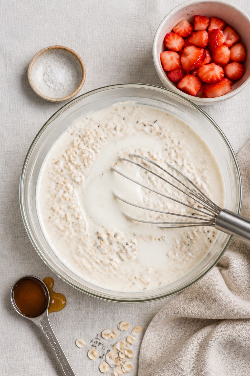 Cooking process: Overhead shot of the cheesecake base being mixed in a clear glass bowl—Greek yogu