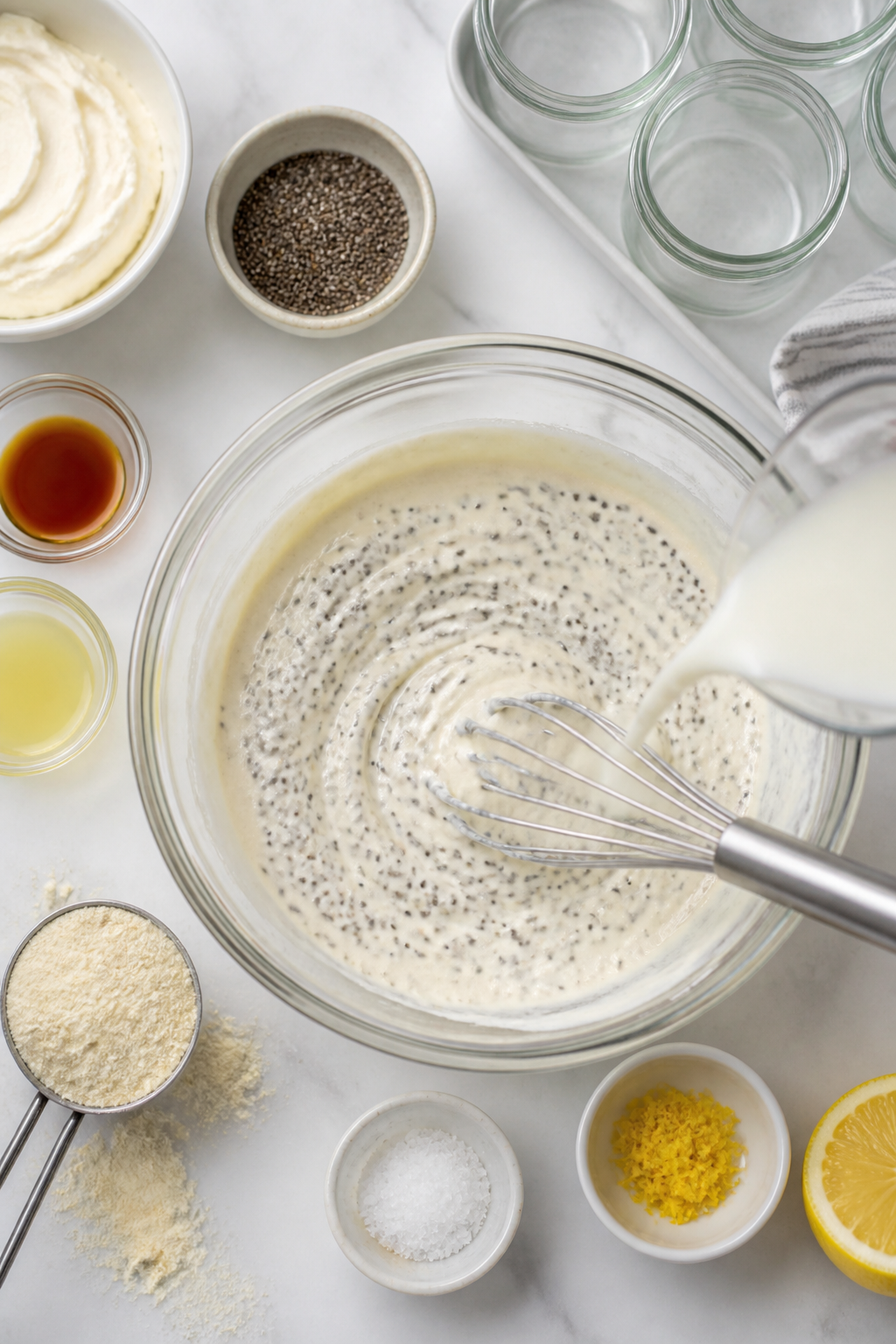 Cooking process: Overhead shot of the cheesecake base being whisked smooth in a clear glass mixing b