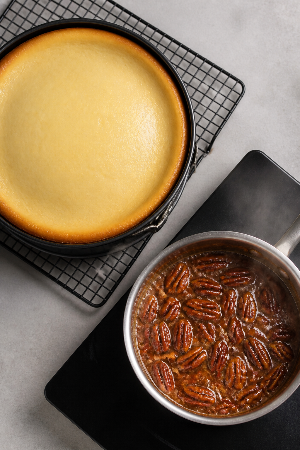 Cooking process: Overhead shot of the cheesecake fresh from baking and fully chilled, the surface sm