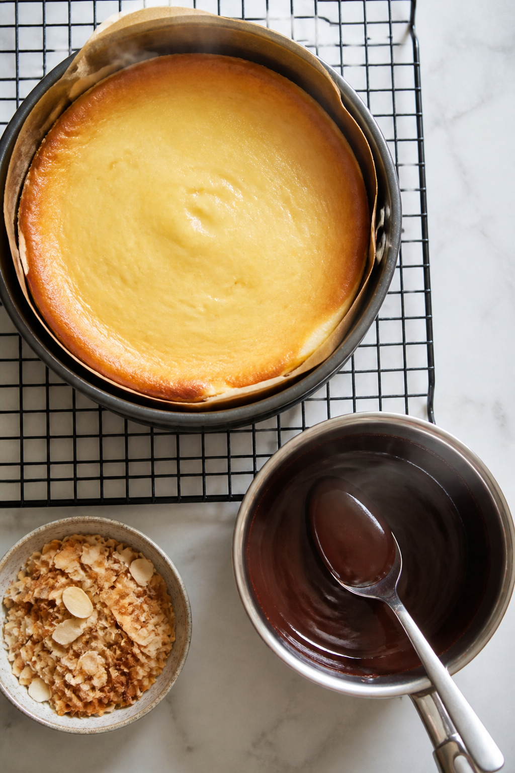 Cooking process: Overhead shot of the cheesecake fresh from the oven on a cooling rack, center gentl